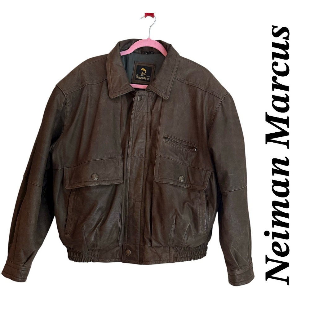 Unisex Brown Neiman -Marcus Leather Bomber Jacket Size L